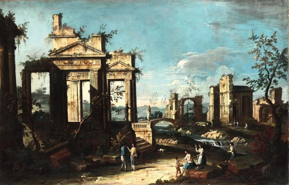 Capriccio architettonico con rovine e personaggi